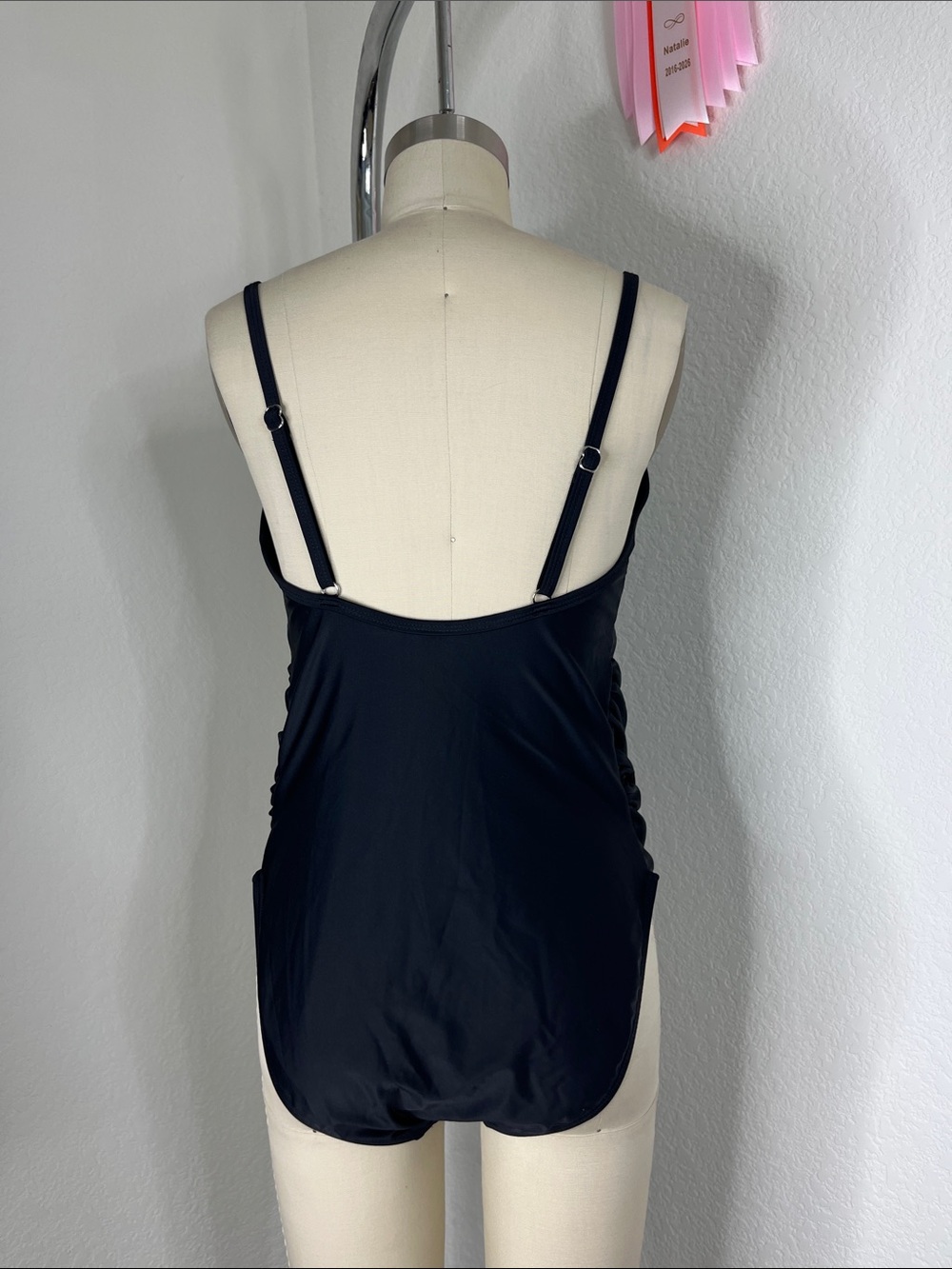 PinkBlush Black Scoop Front Low Back Ruched One-Piece Maternity Swimsuit - Picture 6 of 9